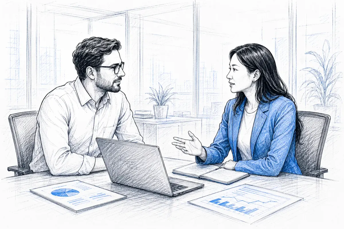 AI agency UK: a consultant and a client reviewing AI output together at a desk