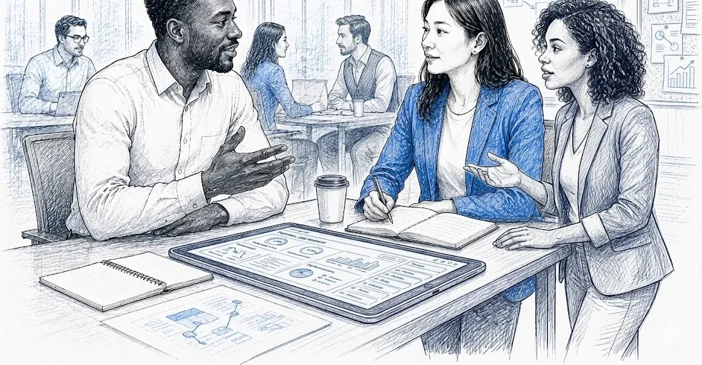 AI for HR: a team checking AI-prepared work on a tablet before sign-off